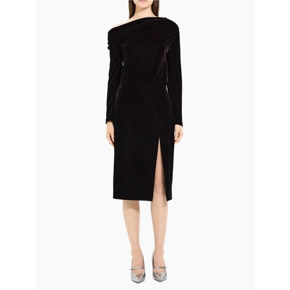 THEORY Off-The-Shoulder Velvet Midi-Dress Size‎ 2 Long Sleeves - Picture 1 of 16